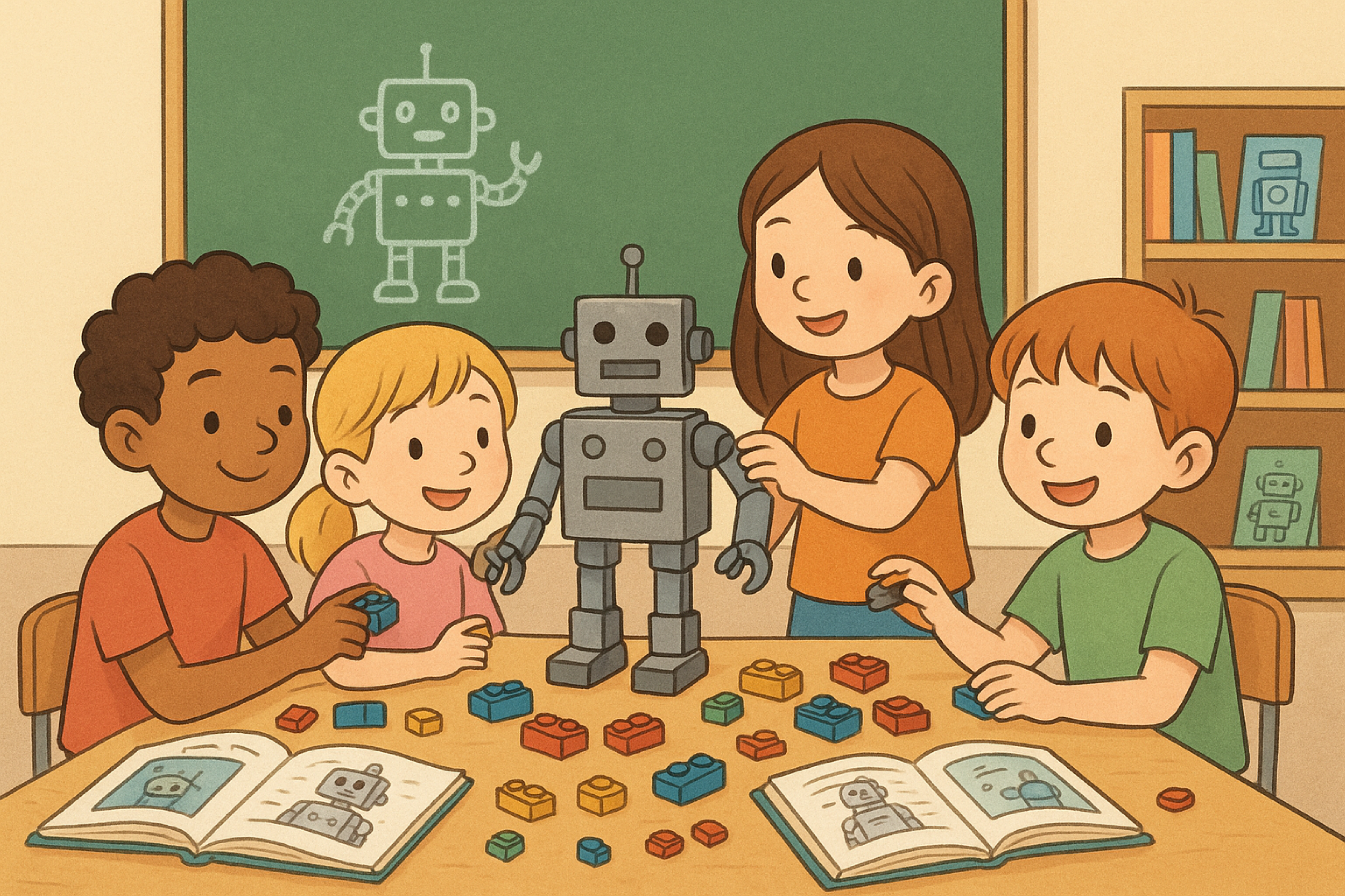 kids learning with a robot in school.